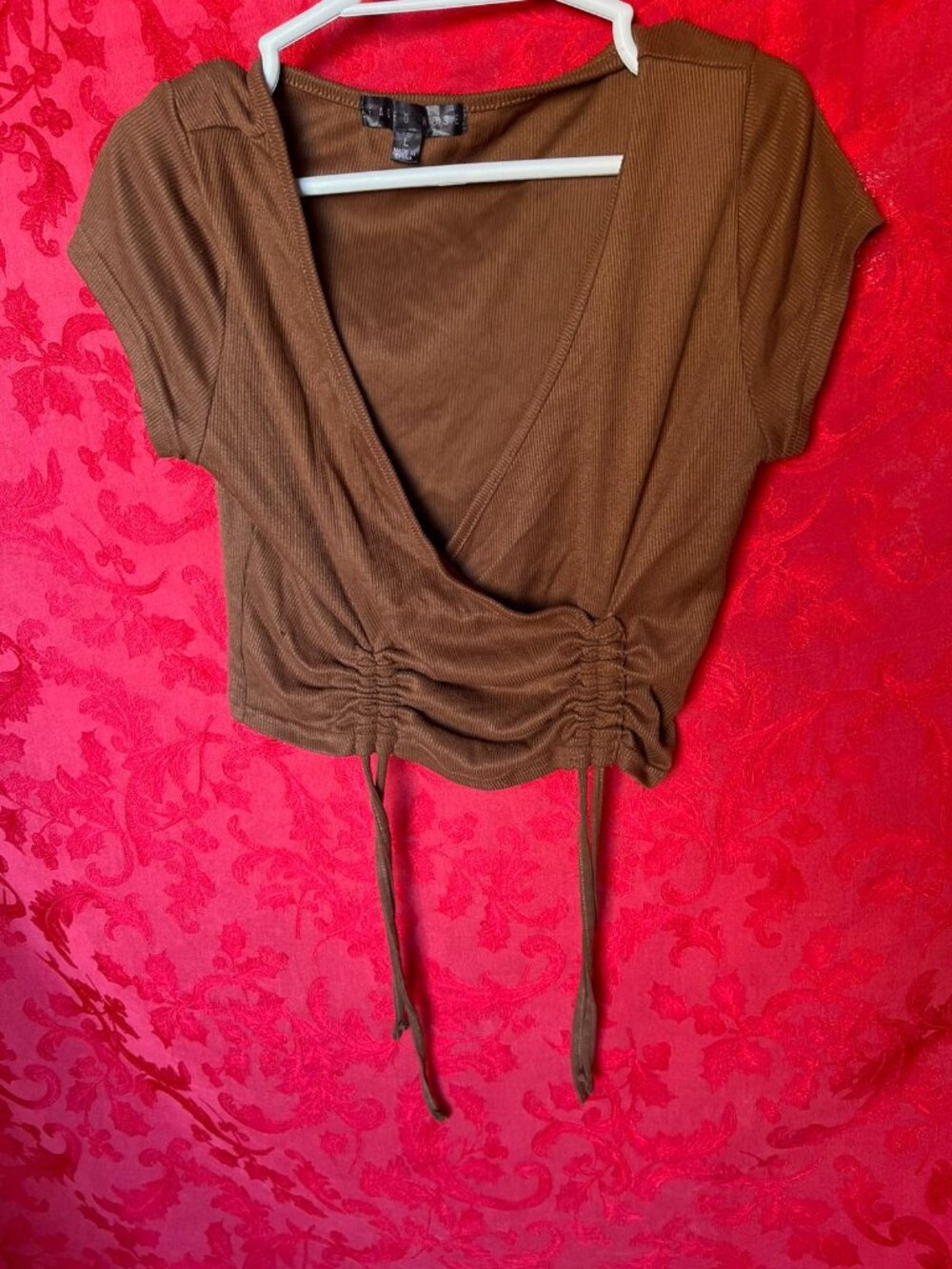 Faded Rose Ribbed Wrap Front Ruched Crop Top Brown L